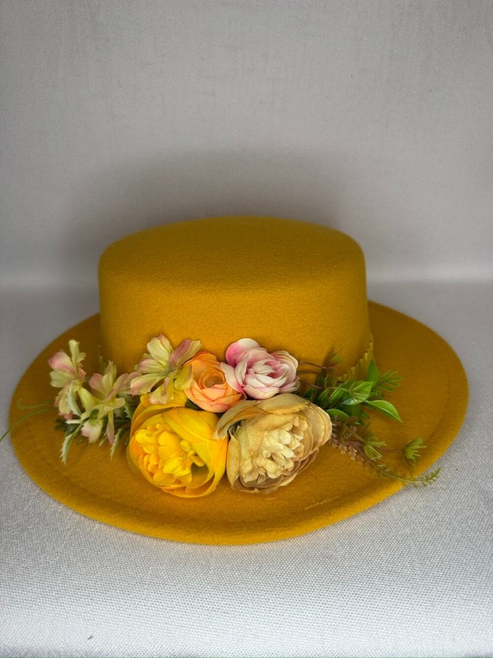 449. Mustard Yellow Floral Derby Boater Hat Wide Brim One Size